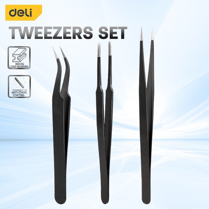 Model Kit Nippers - Deli ชุดแหนบสแตนเลสเกรด3ชิ้นสำหรับอุปกรณ์อิเล็กทรอนิกส์บัดกรีงานห้องปฏิบัติการการทำเครื่องประดับแบบจำลองงานฝีมือ